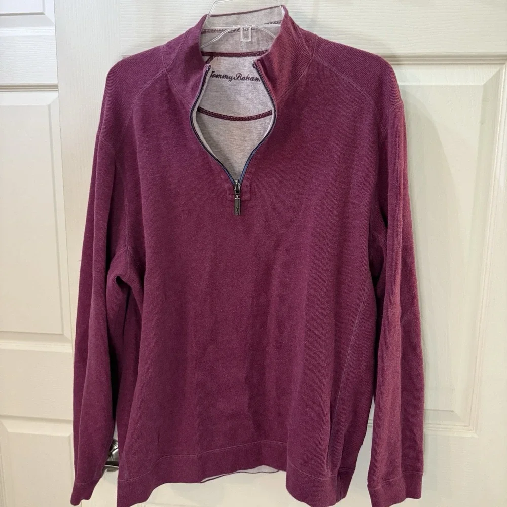 Tommy Bahama Sweater Mens Large Preppy‎ Logo Plum Gray 1/4 Zip Reversible